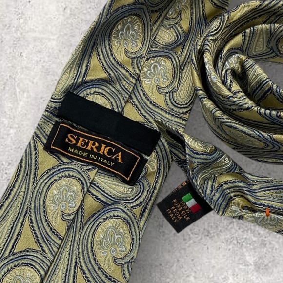SERICA XL Gold/Blue/Silver Paisley Silk LUXURY Tie HANDMADE ITALY - Picture 4 of 6